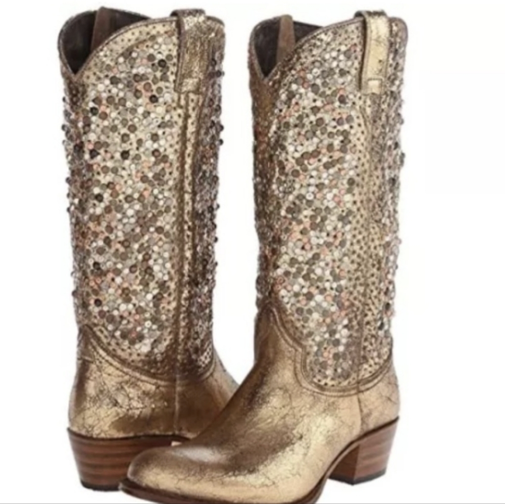 Frye Deborah Gold Studded Cowboy Boots 8